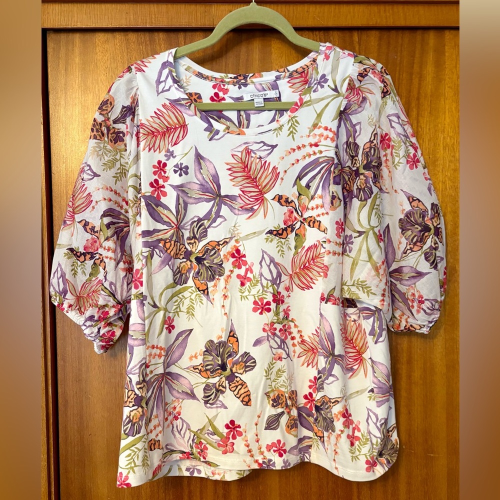 Chico's White Floral Puff-Sleeve Blouse with Purple & Pink Accents